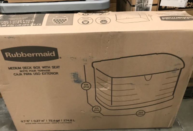 Photo 1 of RUBBERMAID MEDIUM DECK BOX WITH SEAT 72.5 GALLON 26” x 26”x 42” RETAILS FOR $110 