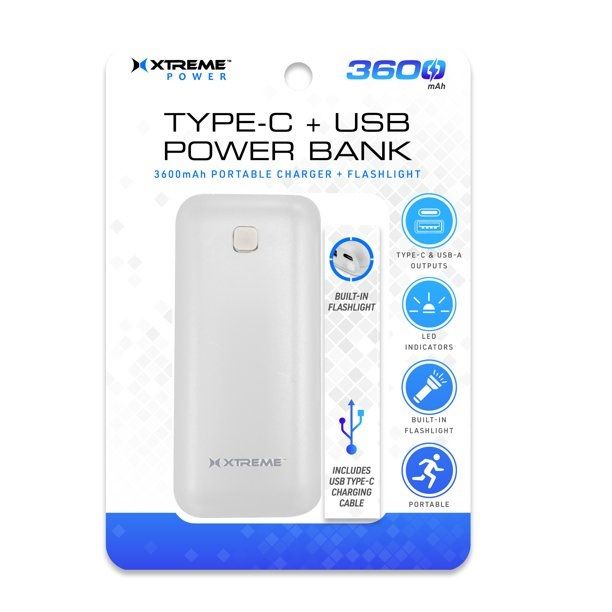 Photo 1 of 3600 MAH TYPE C AND USB POWER BANK WITH BUILT-IN FLASHLIGHT AND RECHARGEABLE WITH CABLE NEW 