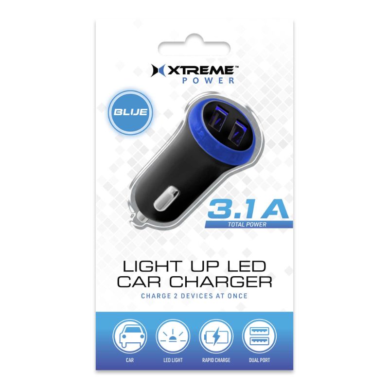 Photo 1 of DUAL PORT USB LED BLUE LIGHT CAR CHARGER 3.1 AMPS TOTAL POWER  NEW