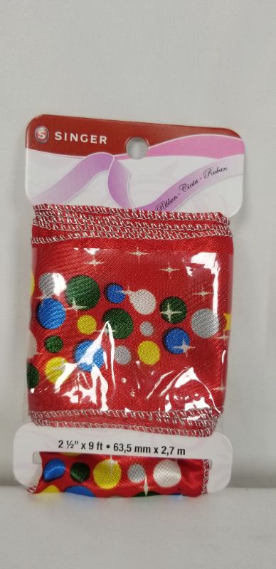 Photo 1 of 100% POLYESTER RED RIBBON WITH COLORFUL DOTS 2 1/2X 9 FT NEW