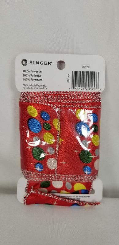 Photo 2 of 100% POLYESTER RED RIBBON WITH COLORFUL DOTS 2 1/2X 9 FT NEW