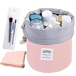 Photo 1 of DRAWSTRING COSMETIC BAG FOR WOMEN BARREL SHAPED SOFT PROTABLE BAG IN PINK NEW