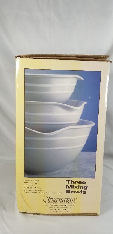 Photo 1 of WHITE 3 PIECE MIXING BOWL SET  1.75QT, 3.0QT, 5.25QT MADE OF STONEWARE DISHWASHER SAFE OVEN SAFE AND MICROWAVE SAFE USED 