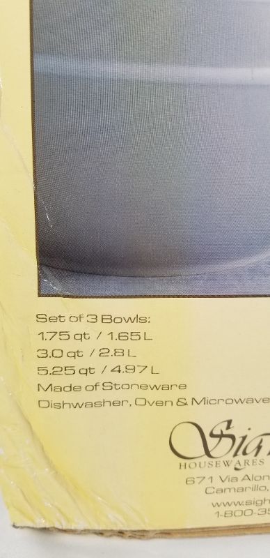 Photo 8 of WHITE 3 PIECE MIXING BOWL SET  1.75QT, 3.0QT, 5.25QT MADE OF STONEWARE DISHWASHER SAFE OVEN SAFE AND MICROWAVE SAFE USED 