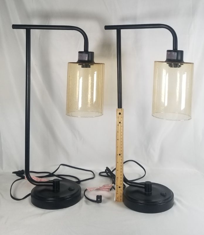 Photo 3 of SEEDED AMBER GLASS INDUSTRIAL TABLE LAMP SET USED 