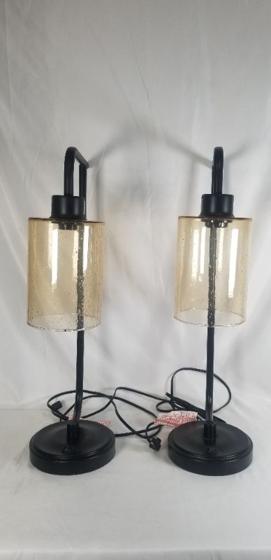 Photo 4 of SEEDED AMBER GLASS INDUSTRIAL TABLE LAMP SET USED 