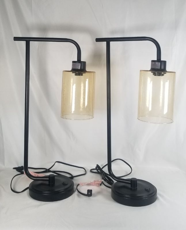 Photo 2 of SEEDED AMBER GLASS INDUSTRIAL TABLE LAMP SET USED 