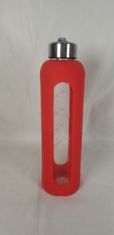 Photo 2 of 32OZ GLASS WATER BOTTLE RED SILICONE COVER METAL CAP WITH HANDLE, WATER BOTTLE HAS TIME MARKINGS ALONG THE SIDE TO REMIND YOU TO DRINK ENOUGH WATER USED 