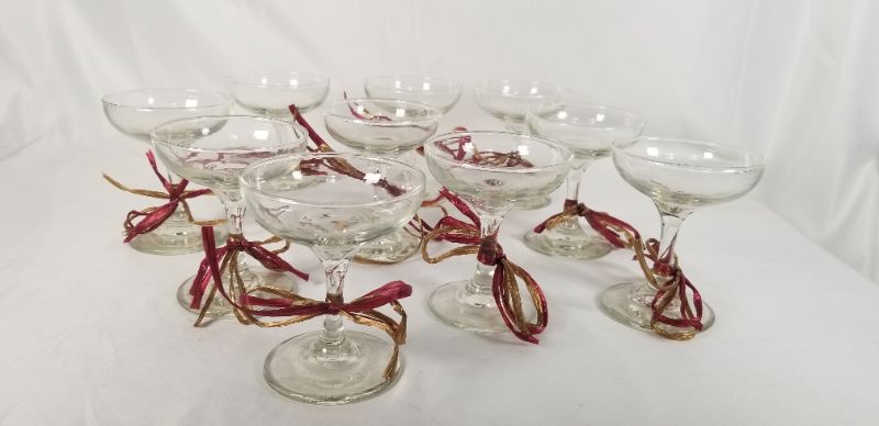 Photo 1 of 10 PIECE SMALL WINE GLASS SET WITH A BURGANDY/GOLD BOW  USED 