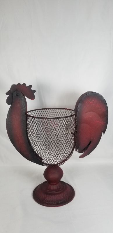 Photo 2 of RUSTIC DARK RED MESH METAL ROOSTER CONATINER TO HOLD FRUIT OR OTHER ITEMS AROUNFD THE HOUSE 12.5 X 6.25 X 15H INCHES NEW