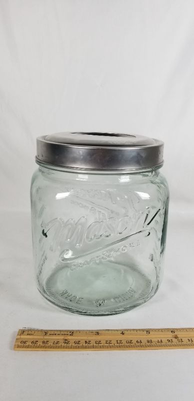 Photo 2 of THICK GLASS MASON JAR WITH METAL LID 93 OZ USED 
