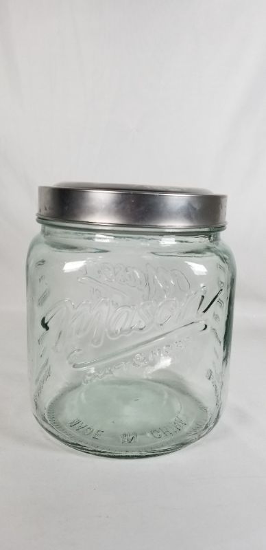 Photo 1 of THICK GLASS MASON JAR WITH METAL LID 93 OZ USED 