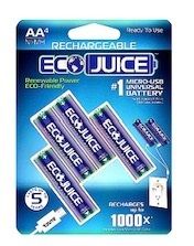 Photo 1 of 1 PACK OF 4 ECO JUICE AAA RECHARGEABLE BATTERIES MICRO USB NIMH UNIVERSAL ECOFRIENDLY 1000X RECHARGEABLE BY ECO JUICE MICRO USB 4 PIECE PRECHARGED NEW IN BOX 