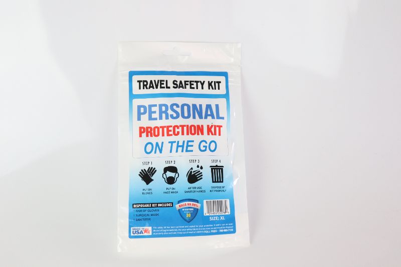 Photo 1 of ONE PACK OF TRAVEL SAFETY KITS EACH BAG CONTAINS 1 PAIR OF GLOVES 1 MASK AND 1 SANITIZER NEW IN PACKAGE 