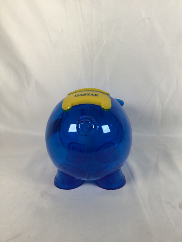 Photo 3 of PLASTIC BLUE PIGGY BANK WITH SPANISH WORDS 5 X 8 X 5.5H INCHES NEW 