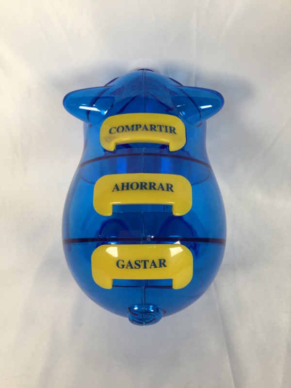 Photo 4 of PLASTIC BLUE PIGGY BANK WITH SPANISH WORDS 5 X 8 X 5.5H INCHES NEW 