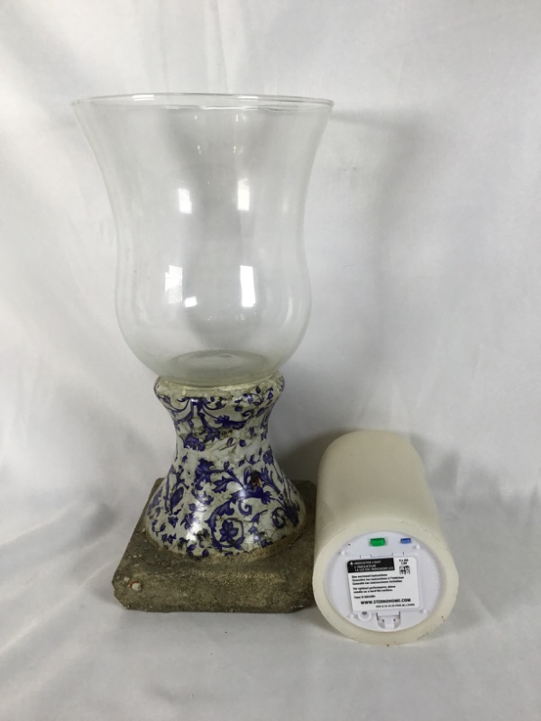 Photo 3 of HOME DECOR FLAMELESS CANDLE IN GLASS VASE WITH  STONE BASE AND BLUE FLORAL DESIGN 11H INCHES USED 