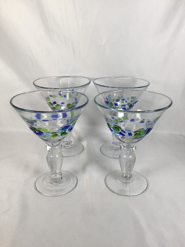 Photo 1 of 4 PIECE MARTINI GLASS SET WITH GREEN AND BLUE DESIGN USED 