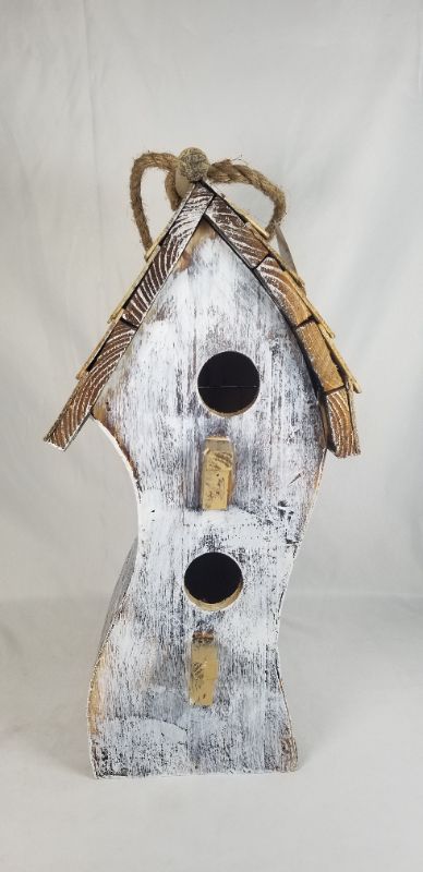 Photo 1 of WHITE SWIRLY WOODEN BIRDHOUSE HINGED 8 X 7 X 17H INCHES WITH ROPE 25H INCHES NEW 