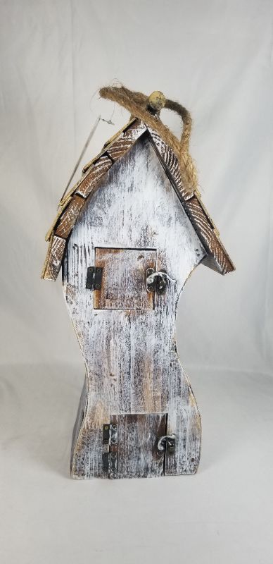 Photo 3 of WHITE SWIRLY WOODEN BIRDHOUSE HINGED 8 X 7 X 17H INCHES WITH ROPE 25H INCHES NEW 
