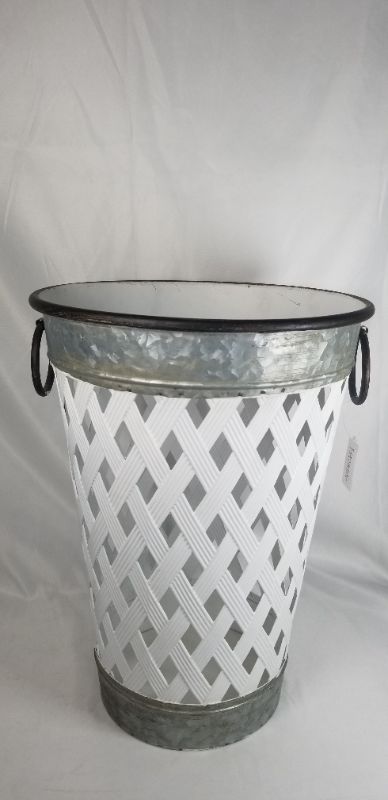 Photo 2 of WHITE RUSTIC METAL WEAVE BASKET CONTAINER  12.5D X  17H INCHES NEW 