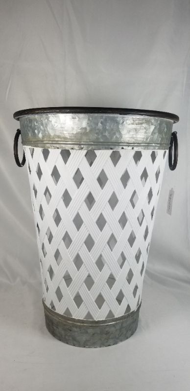 Photo 1 of WHITE RUSTIC METAL WEAVE BASKET CONTAINER  12.5D X  17H INCHES NEW 