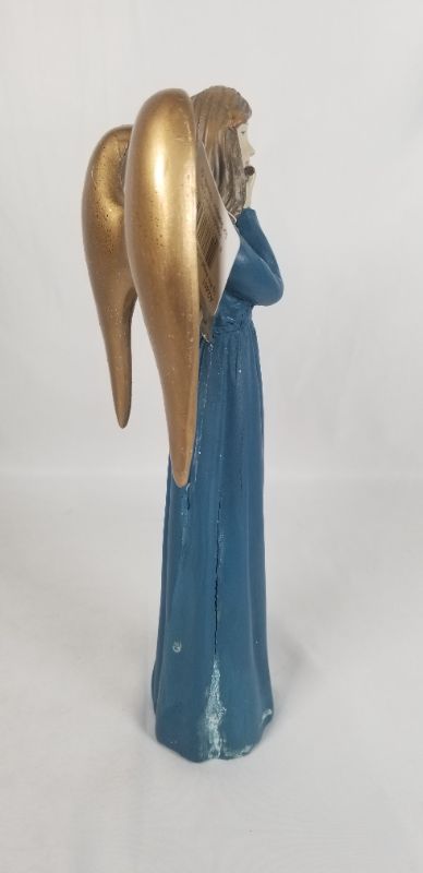 Photo 2 of BLUE DRESS RESIN ANGLE WITH GOLD WINGS PLAYING A GOLD FLUTE 4.5W X 10H INCHES  NEW