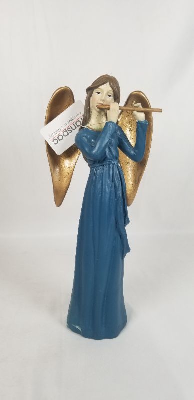 Photo 1 of BLUE DRESS RESIN ANGLE WITH GOLD WINGS PLAYING A GOLD FLUTE 4.5W X 10H INCHES  NEW