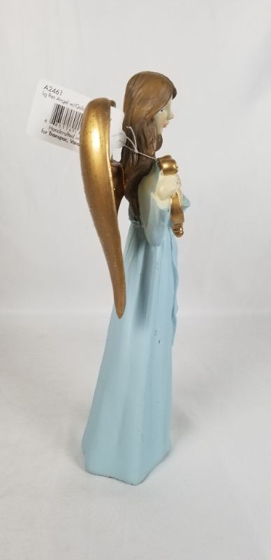 Photo 2 of BABY BLUE DRESS RESIN ANGLE WITH GOLD WINGS PLAYING A GOLD INSTRUMENT 4.5W X 10H INCHES