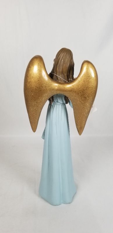 Photo 3 of BABY BLUE DRESS RESIN ANGLE WITH GOLD WINGS PLAYING A GOLD INSTRUMENT 4.5W X 10H INCHES