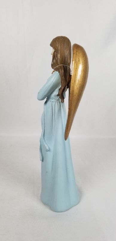 Photo 4 of BABY BLUE DRESS RESIN ANGLE WITH GOLD WINGS PLAYING A GOLD INSTRUMENT 4.5W X 10H INCHES
