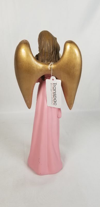 Photo 3 of PINK DRESS RESIN ANGLE WITH GOLD WINGS PLAYING A GOLD INSTRUMENT 4.5W X 10H INCHES