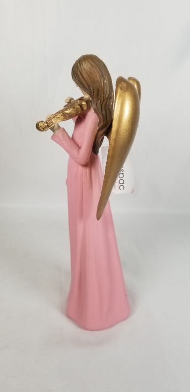 Photo 4 of PINK DRESS RESIN ANGLE WITH GOLD WINGS PLAYING A GOLD INSTRUMENT 4.5W X 10H INCHES