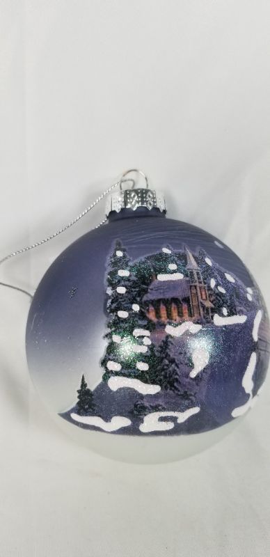 Photo 3 of 4 INCH ROUND BALL ORNAMENT WITH WINTER CHURCH CHRISTMAS SCENE NEW 