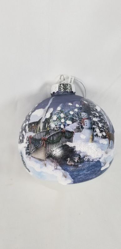 Photo 1 of 4 INCH ROUND BALL ORNAMENT WITH WINTER CABIN THE WOODS SNOWMAN SCENE NEW 