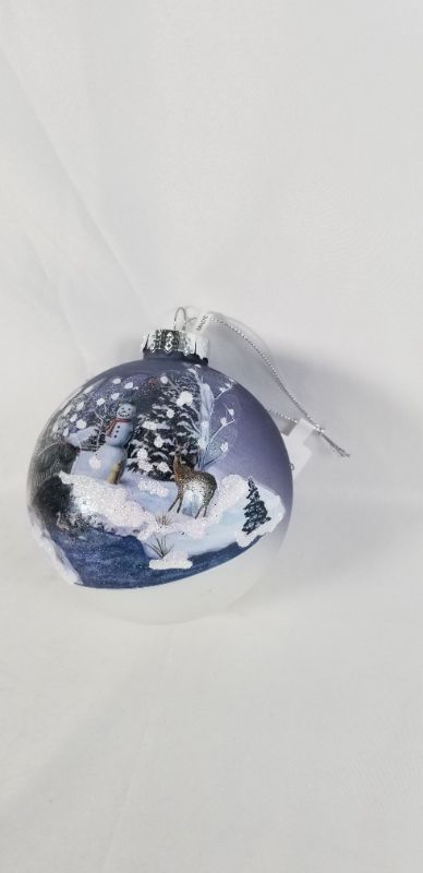 Photo 2 of 4 INCH ROUND BALL ORNAMENT WITH WINTER CABIN THE WOODS SNOWMAN SCENE NEW 