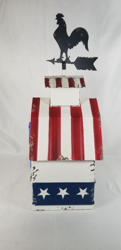 Photo 2 of PATRIOTIC BIRDHOUSE WITH ROOSTER WEATHERVANE WITH CLEAN  OUT METAL 9L X 7W X 18H INCHES NEW 