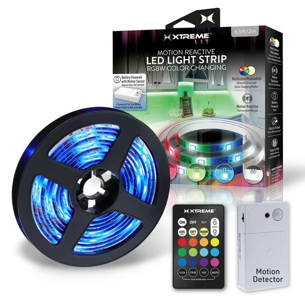 Photo 1 of MOTION REACTIVE LED LIGHT STRIP RGBW COLOR CHANGING MODES, INCLUDES BATTERY POWERED MOTION SENSOR AND REMOTE CONTROL 6.5 FEET  NEW