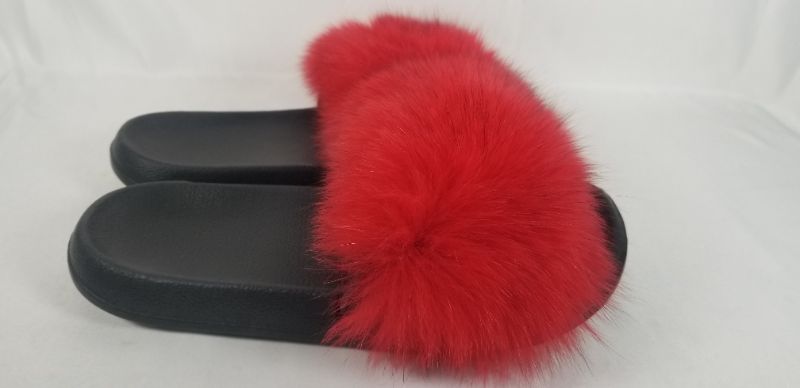 Photo 3 of BLACK SLIDES/SANDLES WITH RED FUZZY POM POM  USED