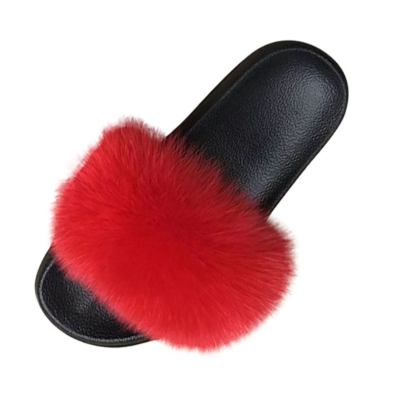 Photo 1 of BLACK SLIDES/SANDLES WITH RED FUZZY POM POM  USED