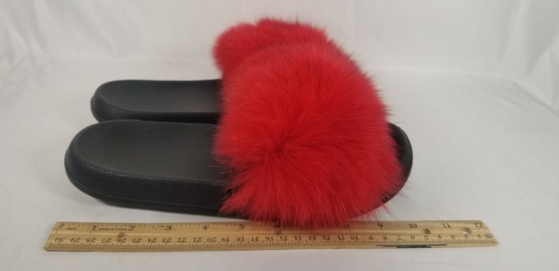 Photo 4 of BLACK SLIDES/SANDLES WITH RED FUZZY POM POM  USED