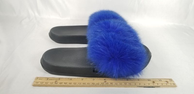 Photo 1 of BLACK SLIDES/SANDLES WITH BLUE FUZZY POM POM  USED