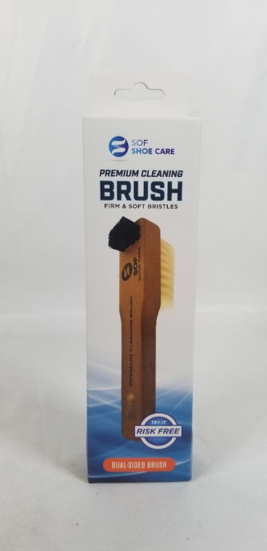 Photo 1 of PREMIUM CLEANING SHOE CARE BRUSH, DUAL SIDED BRUSH WITH FIRM AND SOFT BRISTLES WOOD HANDLE 1.15 X 2 X 6 INCHES NEW