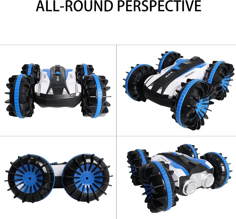 Photo 2 of Amphibious RC Stunt Car 2.4Ghz 4WD Water and Land Remote Control Boat Truck Monster Double Sided Rotate, 360 Degree Spinning and Flips Land Waterproof Electric Car Toy for Boys & Girls (Blue)