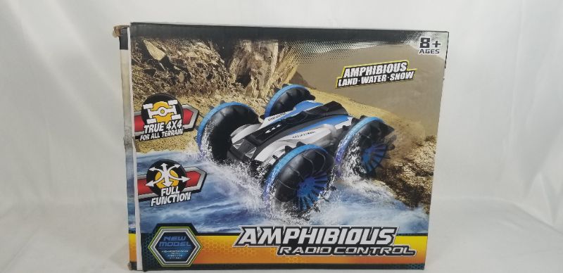 Photo 4 of Amphibious RC Stunt Car 2.4Ghz 4WD Water and Land Remote Control Boat Truck Monster Double Sided Rotate, 360 Degree Spinning and Flips Land Waterproof Electric Car Toy for Boys & Girls (Blue)