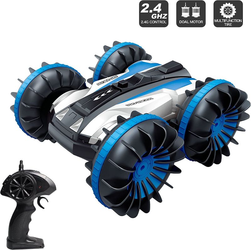 Photo 1 of Amphibious RC Stunt Car 2.4Ghz 4WD Water and Land Remote Control Boat Truck Monster Double Sided Rotate, 360 Degree Spinning and Flips Land Waterproof Electric Car Toy for Boys & Girls (Blue)