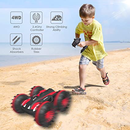Photo 4 of Amphibious RC Stunt Car 2.4Ghz 4WD Water and Land Remote Control Boat Truck Monster Double Sided Rotate, 360 Degree Spinning and Flips Land Waterproof Electric Car Toy for Boys & Girls (Red)