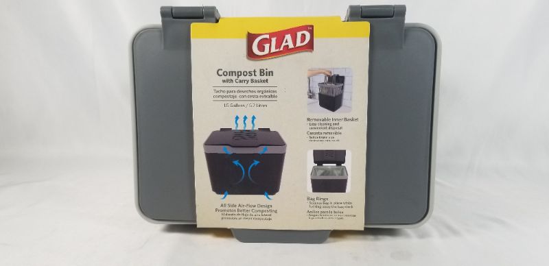 Photo 4 of Glad Compost Bin for Kitchen, 1.5 Gallon | Plastic Container with Removable Inner Basket, Bag Storage Holder, and Carbon Odor Blocking Filters, Gray