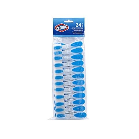 Photo 2 of Clorox Plastic Non-Slip Clothespins – Pack of 24 | Soft Touch Rubber Grip Ends | Wide Open Sturdy Clips for Line Drying Laundry and Securing Snack Bags, 24 Pack, Blue White