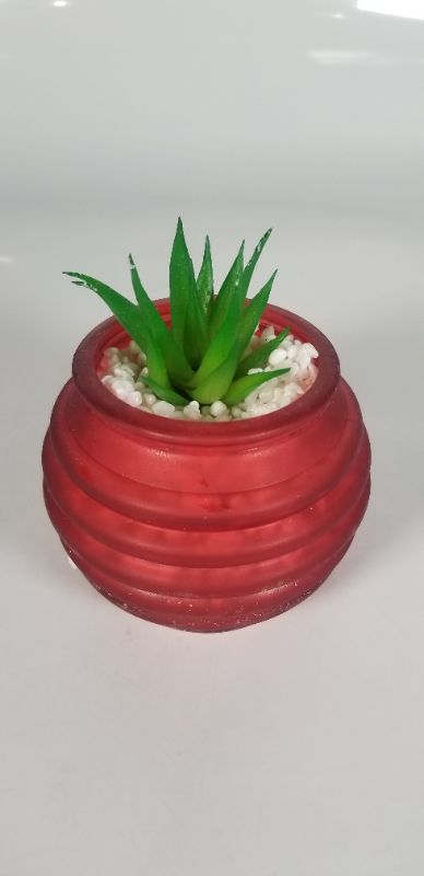 Photo 2 of ALPINE DECOR RED FROSTED GLASS WITH FAUX SUCCULENT 3.5D X 4H INCHES NEW